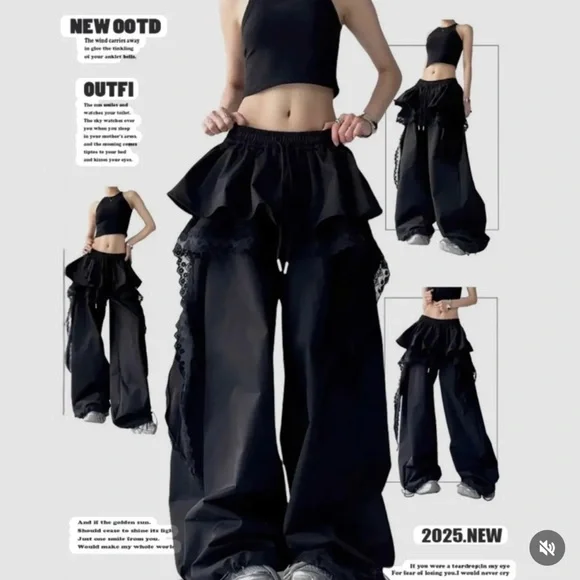 Street Y2K Punk Nylon & Lace Skirt Wide Leg Pants Combo Black S Whimsigoth - Picture 3 of 16